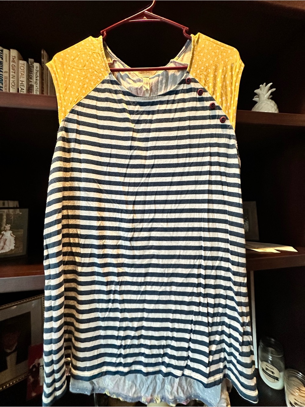 Girls Navy Stripe and Yellow Cap-Sleeve Dress